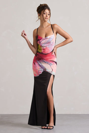 Kali Black Floral Print Cowl-Neck Open-Back Split Maxi Dress